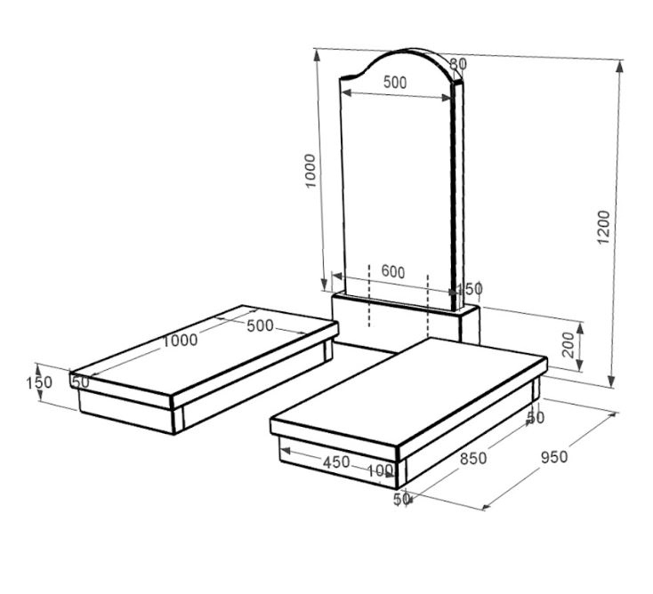 Розміри Гранітний пам'ятник з гробницею подвійний із чорного граніту Коростишів з хвилею різьблений к19-kor-npf-100-50-08-011-r