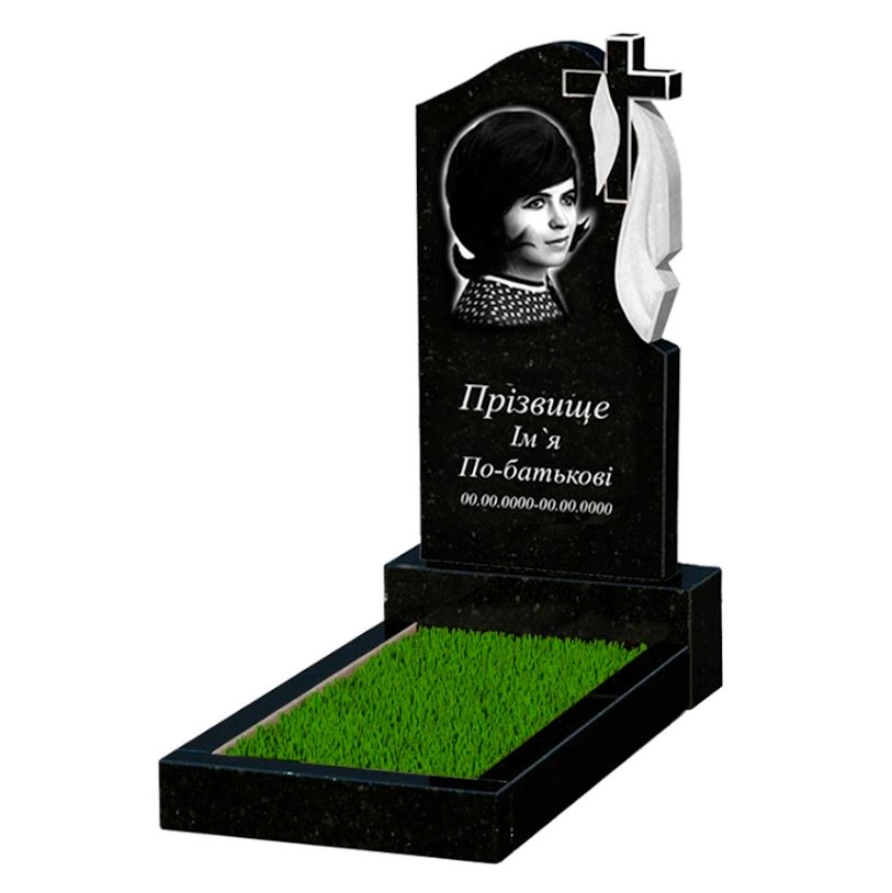 Основне Гранітний пам'ятник фігурний одинарний із чорного граніту Коростишів з хрестом та плащаницею різьблений к2-kor-pf-80-40-05-142-r