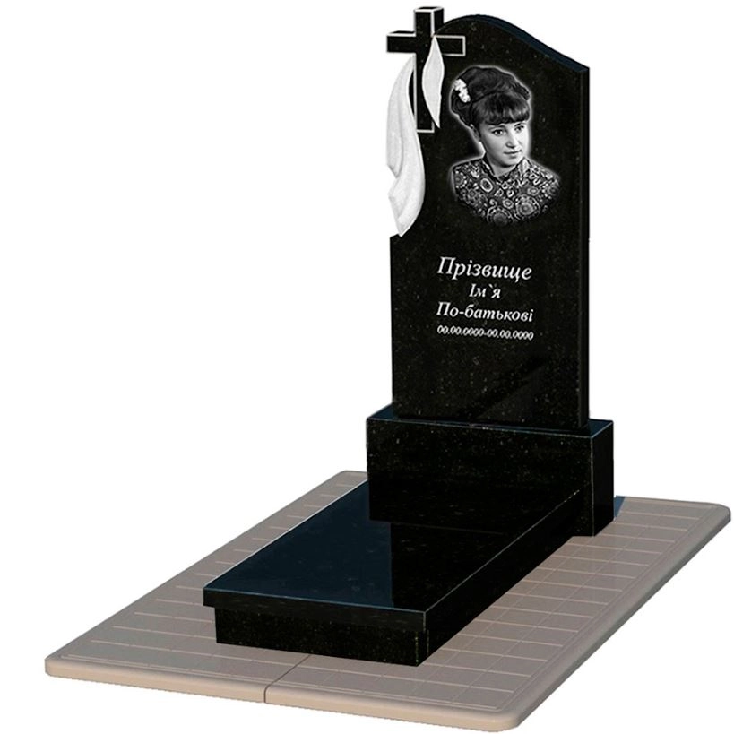 Основне Гранітний пам'ятник елітний одинарний із чорного граніту Коростишів з хрестом та плащаницею різьблений к10-kor-pf-120-60-08-142-pbd3