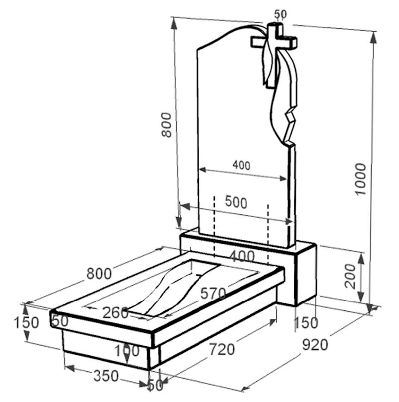 Розміри Гранітна плита на могилу з вирізаною смугою одинарна із чорного граніту Коростишів з хрестом та плащаницею різьблена к23-kor-pf-80-40-08-142-r