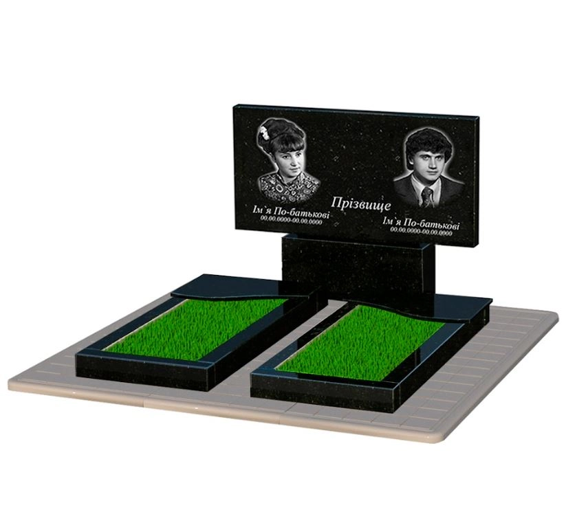 Основное Гранитный камень на могилу высотой 90 см двойной из черного гранита Коростышев с волной резной к15-kor-pf-60-120-08-001-pbd3