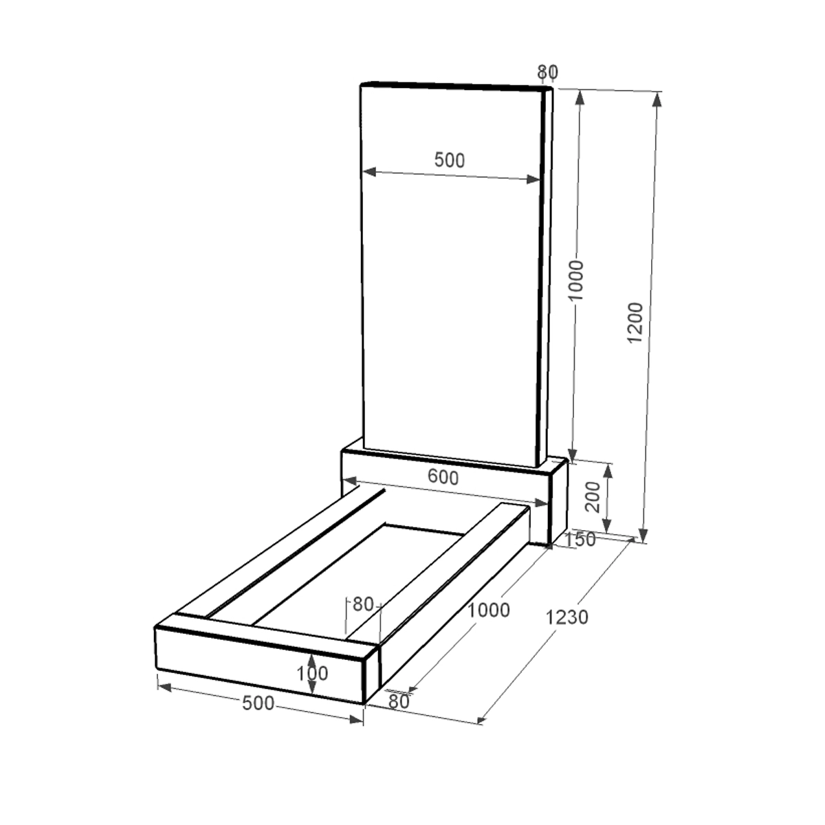 Розміри Гранітний пам'ятник з квітником без плити одинарний із чорного граніту Коростишів без різьблених робіт к1-kor-npf-100-50-08-001