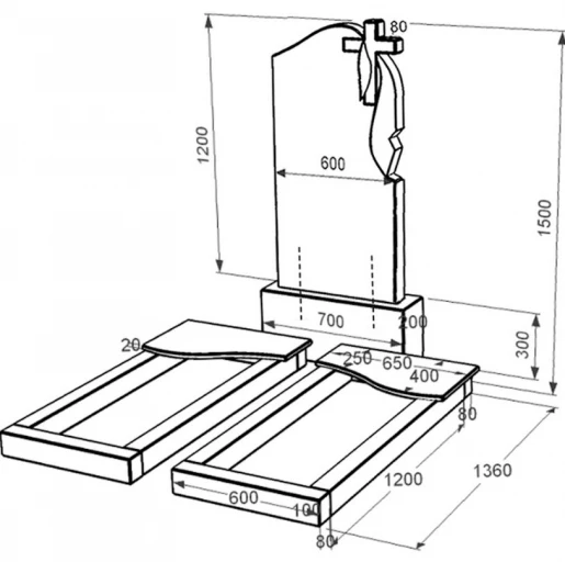 Розміри Гранітна плита на могилу елітна подвійна із чорного граніту Коростишів з хвилею різьблена к15-kor-npf-120-60-08-142-r