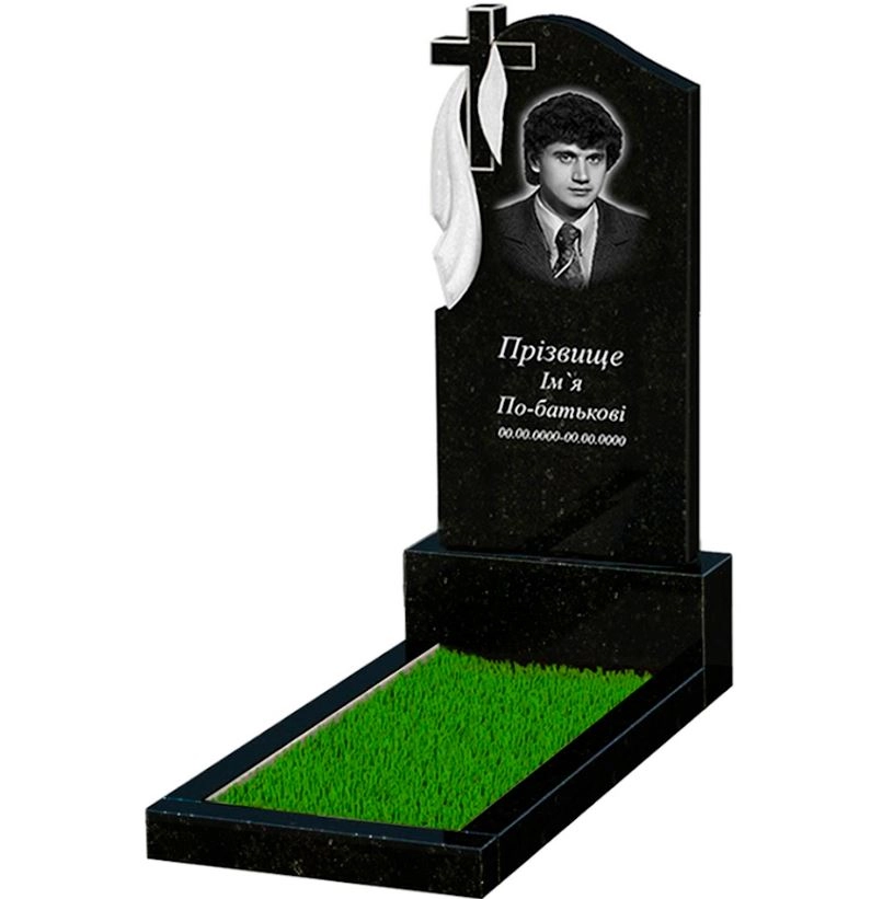 Основное Памятник из гранита с плащаницей и крестом резной формы одинарный из черного гранита Коростышев к2-kor-pf-120-60-08-142