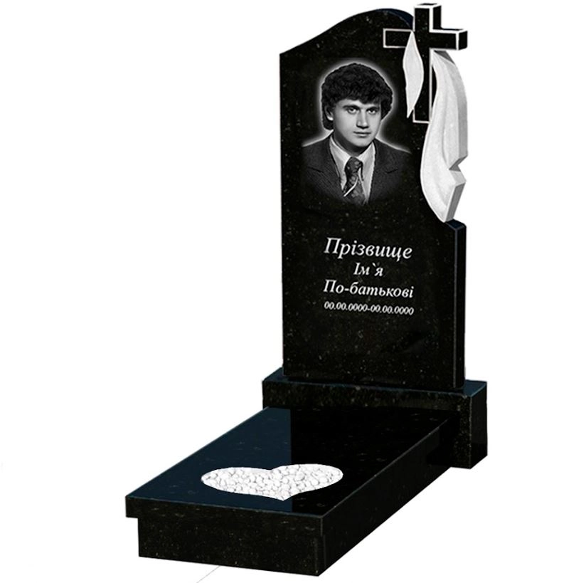 Основне Гранітний пам'ятник на кладовище з серцем різьблена робота одинарний із чорного граніту Коростишів к11-kor-pf-100-50-08-142