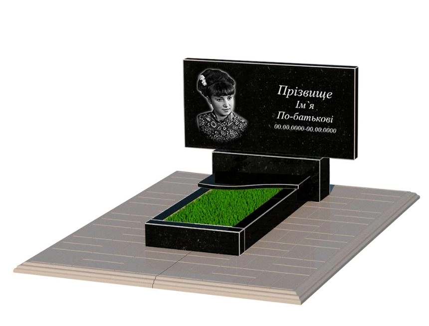 Основне Гранітний пам'ятник з бетонною плитою одинарний із чорного граніту Коростишів з хвилею різьблений к3-kor-npf-40-80-05-001-pbd1