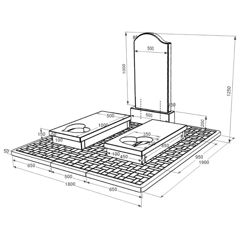 Розміри Гранітний пам'ятник з серцем різьблена робота подвійний із чорного граніту Коростишів к20-kor-npf-100-50-08-011-l-pbd2