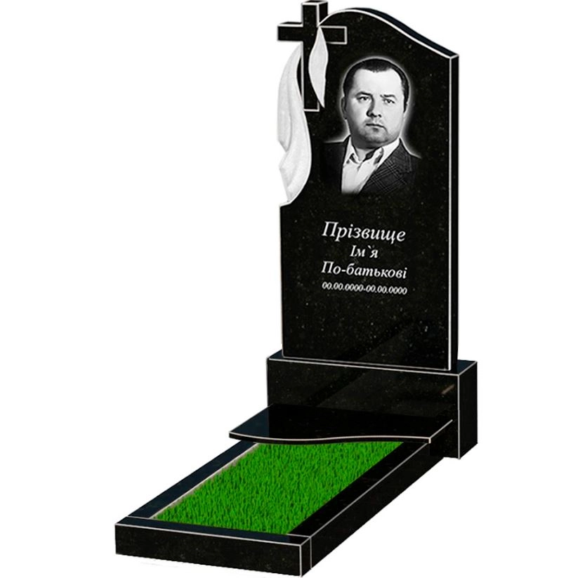 Основне Гранітний пам'ятник із чорного граніту Коростишів одинарний з хвилею різьблений к3-kor-npf-120-60-08-142