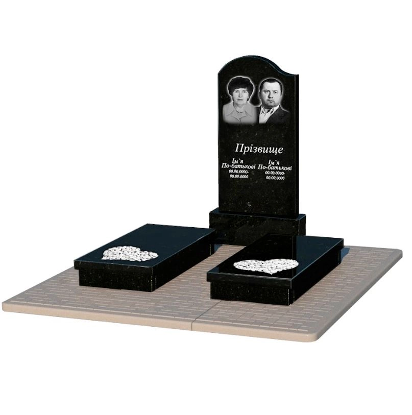Основне Гранітний пам'ятник вертикальний подвійний із чорного граніту Коростишів з серцем різьблена робота к20-kor-pf-100-50-08-011-l-pbd2