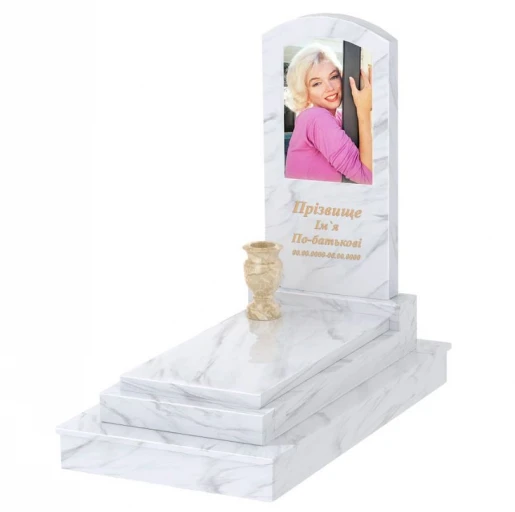 Пам'ятник із мармуру на кладовище одинарний з білого мармуру Волокас з дугою різьблений к12-vol-pf-100-50-08-009-ck