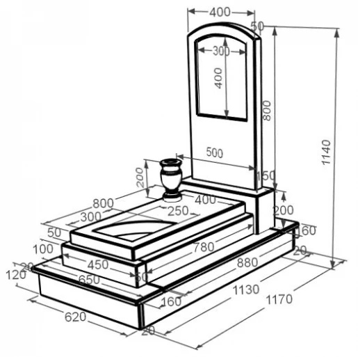 Размеры Мраморный памятник с гробницей одинарный из белого мрамора Волокас с вырезанным уголком с дугой резной к24-vol-pf-80-40-05-009-ck