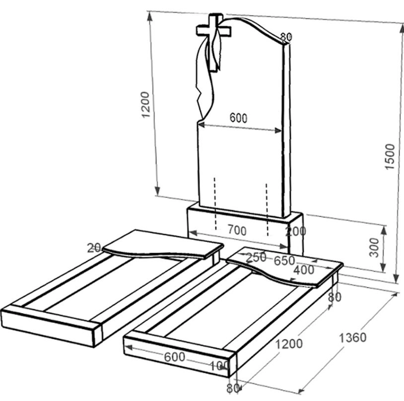 Розміри Пам'ятник із граніту для подружжя подвійний із чорного граніту Коростишів з хвилею різьблений к15-kor-pf-120-60-08-142