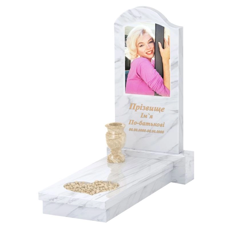 Основне Мармуровий пам'ятник вертикальний одинарний з білого мармуру Волокас з серцем різьблена робота к11-vol-pf-100-50-08-011-l