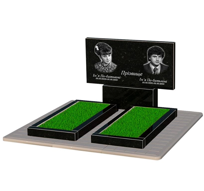 Основне Гранітний пам'ятник довжиною 156 см 900x1200x1560 подвійний із чорного граніту Коростишівського кар'єру серія Базіс 001 к14-kor-npf-60-120-08-001-pbd3