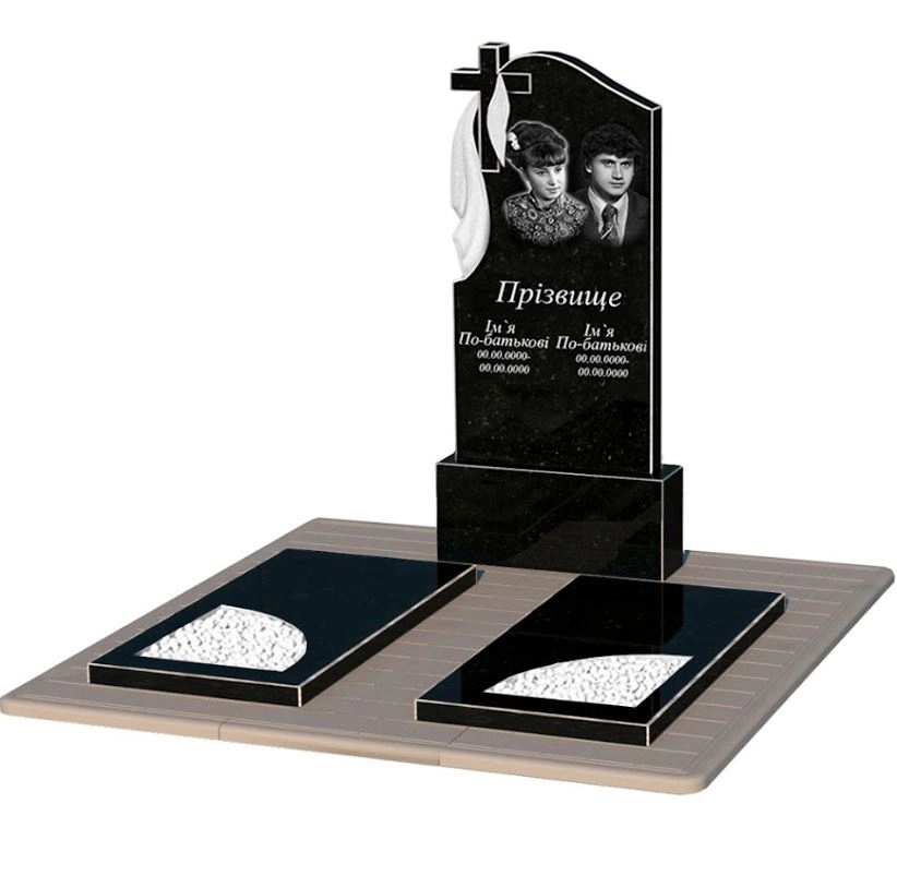 Основне Гранітний пам'ятник високий подвійний із чорного граніту Коростишів з вирізаним куточком к18-kor-npf-120-60-08-142-pbd3