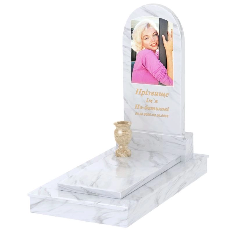 Основне Мармуровий пам'ятник середнього розміру одинарний з білого мармуру Волокас з полукруглою стелою к7-vol-pf-100-50-08-006-ck