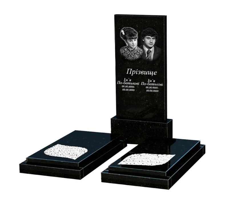 Основне Гранітний надгробний камінь з листом різьблена робота подвійний із чорного граніту Коростишів к22-kor-pf-120-60-08-001