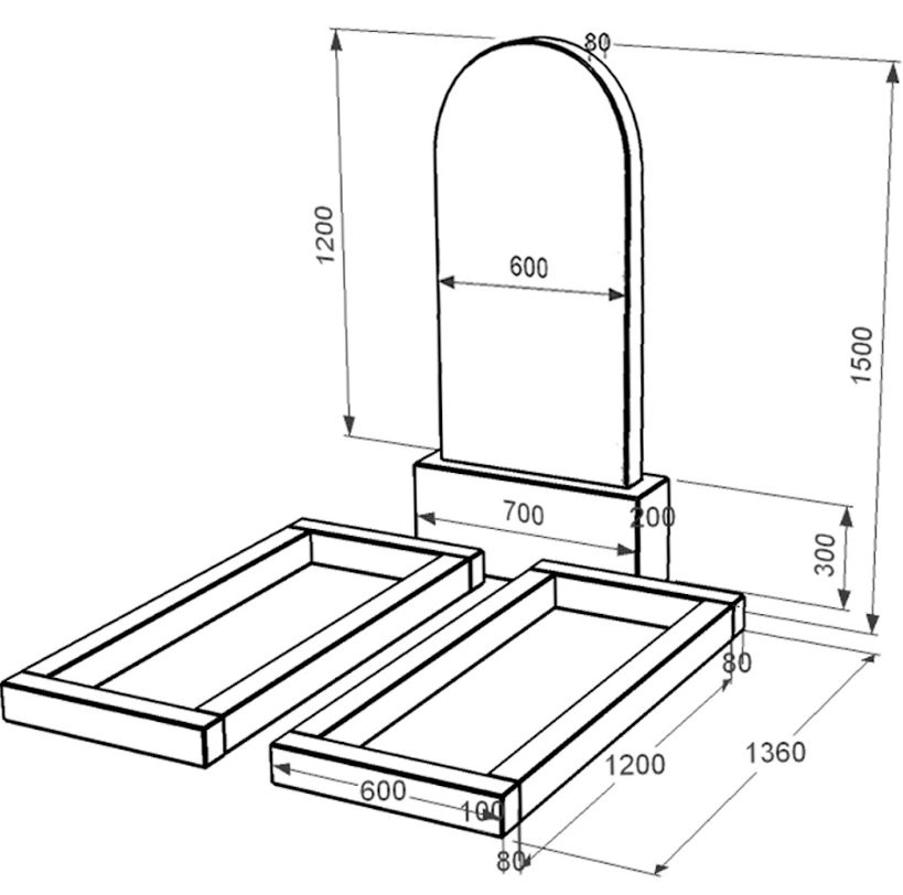 Розміри Гранітний пам'ятник з полукруглою стелою подвійний із чорного граніту Коростишів к14-kor-pf-120-60-08-006