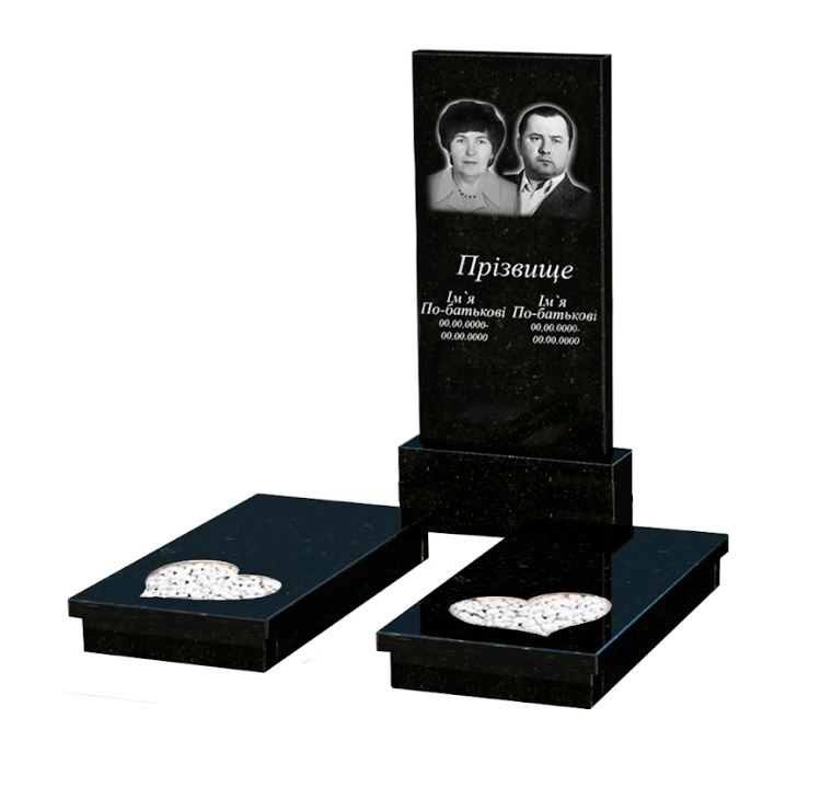 Основне Гранітний пам'ятник високий подвійний із чорного граніту Коростишів з серцем різьблена робота к20-kor-pf-120-60-08-001