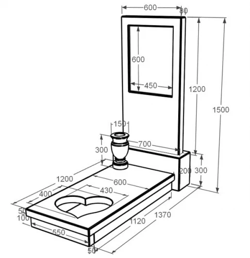 Размеры Мраморный памятник высотой 150 см одинарный из белого мрамора Волокас с сердцем резная работа к11-vol-pf-120-60-08-001