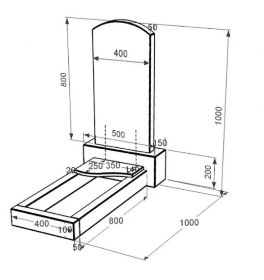 Размеры Гранитный памятник с плитой на цветнике одинарный из черного гранита Коростышев с волной резной к4-kor-npf-80-40-05-009-l