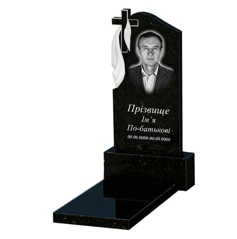 Основне Гранітний пам'ятник з хрестом різьблений одинарний із чорного граніту Коростишів з плащаницею різьблений к7-kor-pf-80-40-05-142