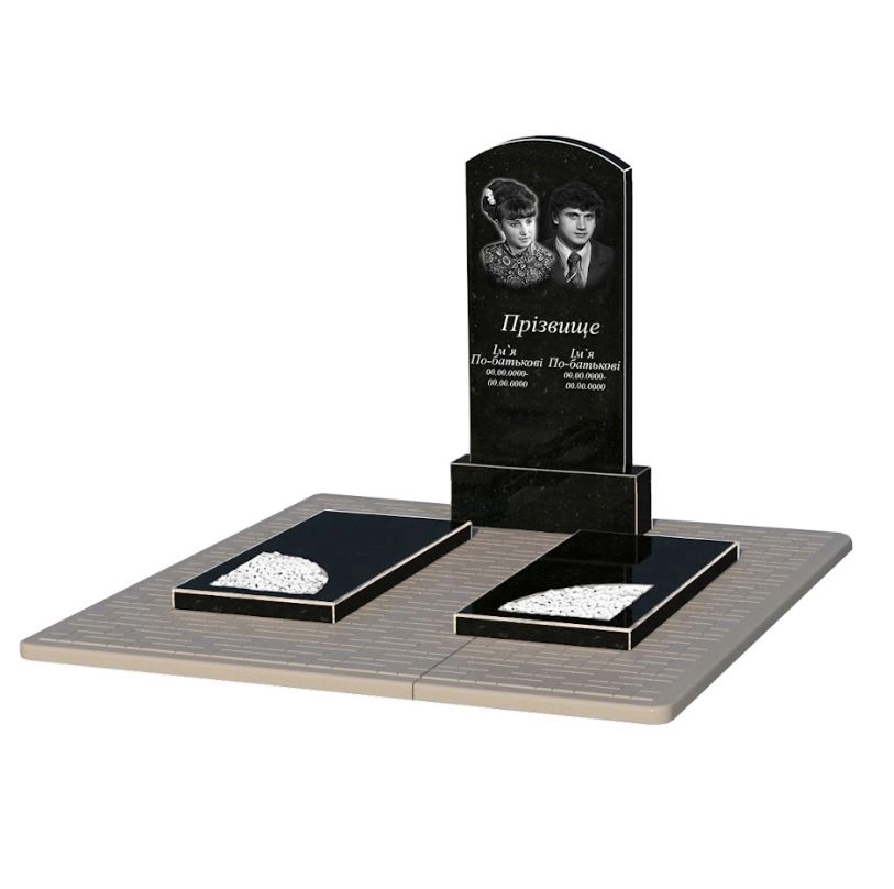 Основне Гранітний пам'ятник сімейний подвійний із чорного граніту Коростишів з вирізаним куточком к18-kor-npf-100-50-08-009-pbd2