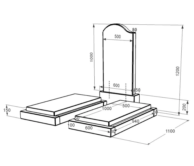 Розміри Гранітний пам'ятник з гробницею подвійний із чорного граніту Коростишів з хвилею різьблений к21-kor-npf-100-50-08-011