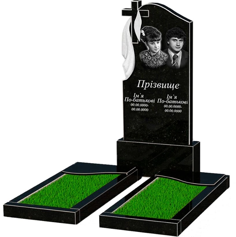 Основное Гранитный памятник на кладбище большого размера двойной из черного гранита Коростышев с волной резной к16-kor-npf-120-60-08-142