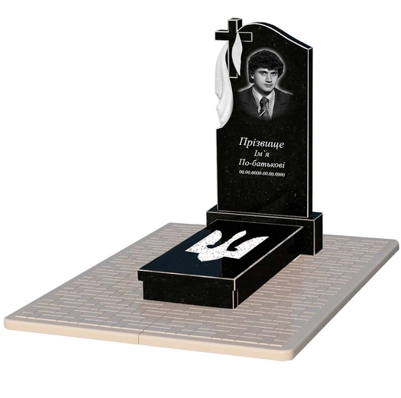Основне Пам'ятник на могилу із граніту з Тризубом резним одинарний із чорного граніту Коростишів к8-kor-npf-100-50-08-142-pbd2