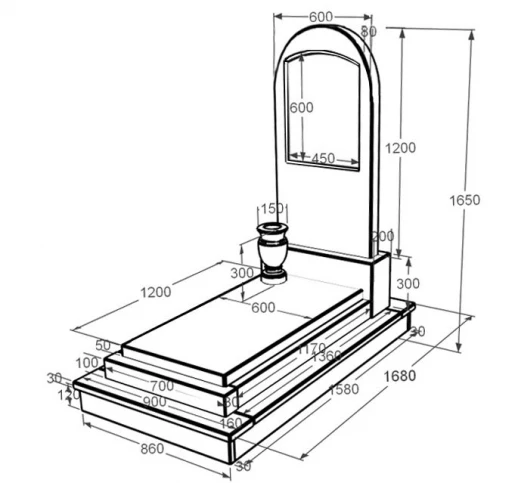 Размеры Мраморный памятник элитный из мрамора Дайна с полукруглой стелой к12-dan-pf-120-60-08-006-ck
