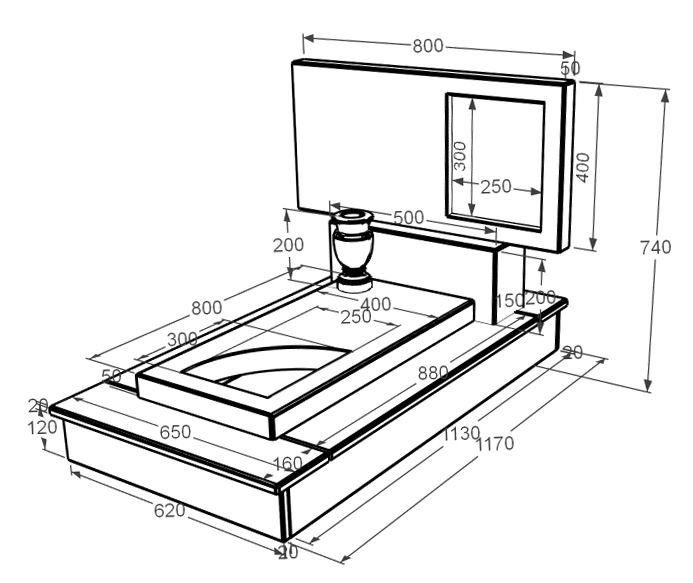 Розміри Пам'ятник на могилу із мармуру бежевого кольору одинарний з мармуру Дайна з вирізаним куточком к9-dan-pf-40-80-05-001-ck