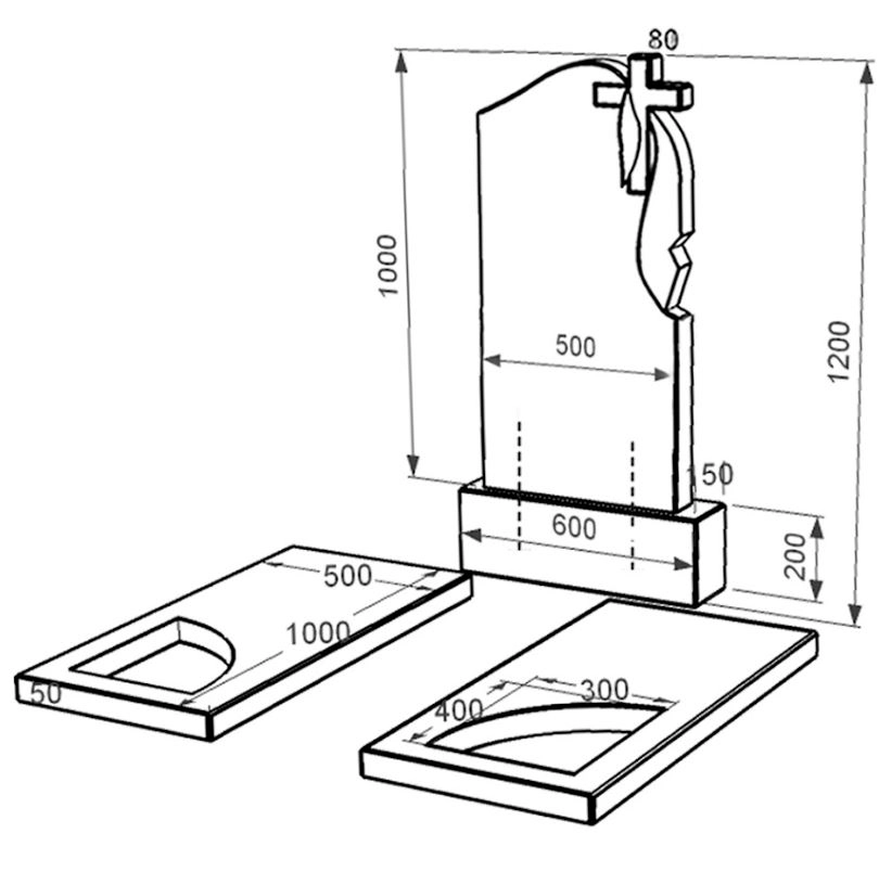 Размеры Гранитный памятник с надгробной плитой двойной из черного гранита Коростышев с вырезанным уголком к18-kor-pf-100-50-08-142-r