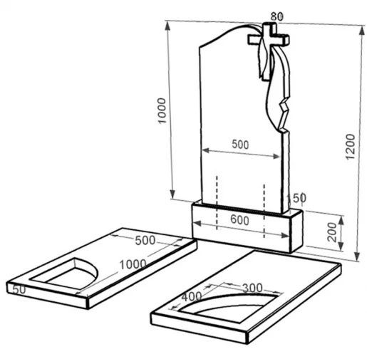 Розміри Гранітний пам'ятник з надгробною плитою подвійний із чорного граніту Коростишів з вирізаним куточком к18-kor-pf-100-50-08-142-r