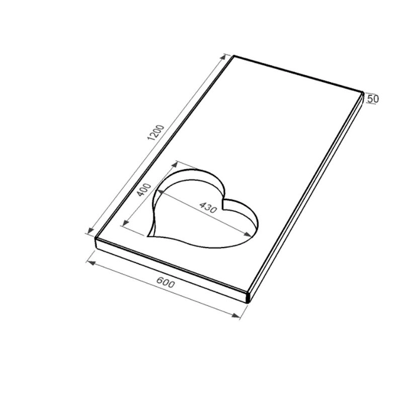 Размеры Надгробная плита из мрамора Волокас 1200x600x50 с полированными фасками серия Сердце правая pl-vol-pf-pt-120-60-05-SERCE-r