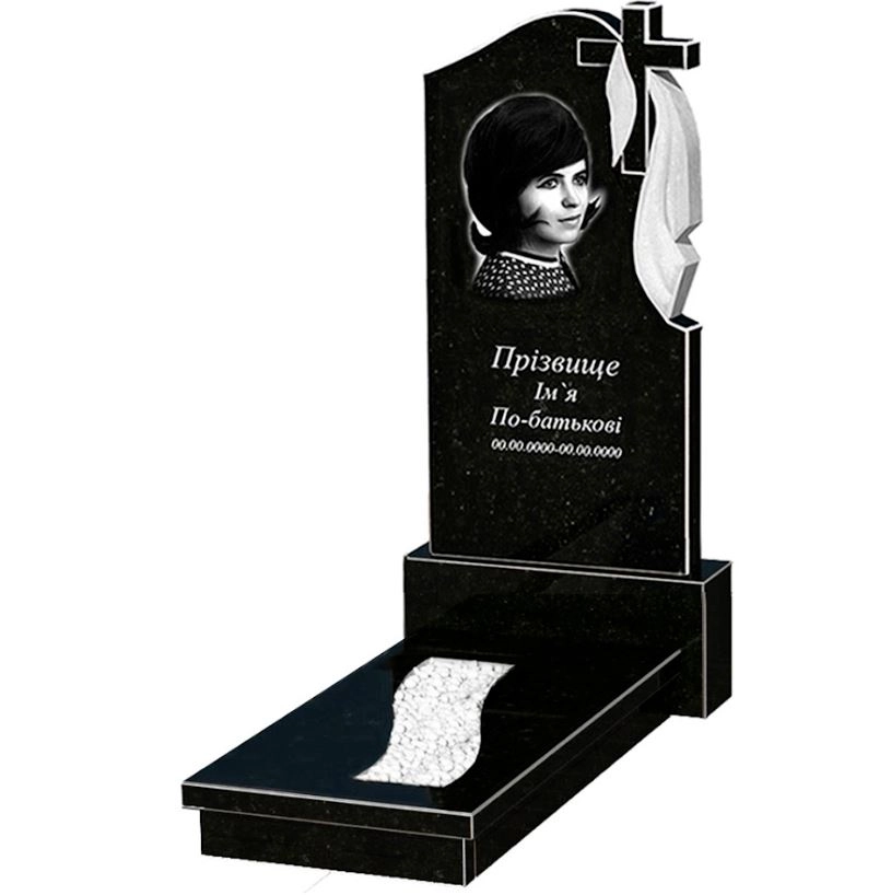 Основное Гранитный памятник широкого размера одинарный из черного гранита Коростышев с крестом и плащаницей резной к23-kor-npf-120-60-08-142-r