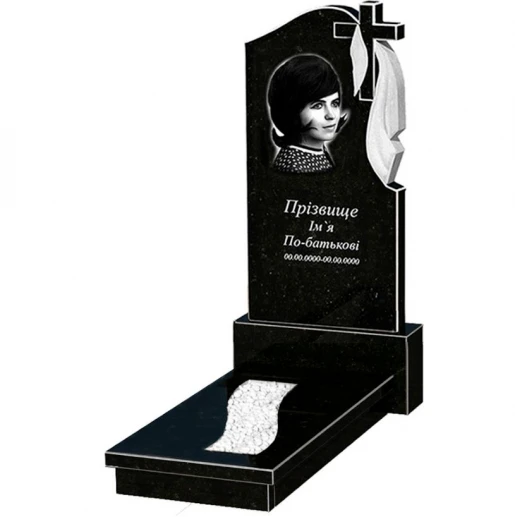 Гранитный памятник широкого размера одинарный из черного гранита Коростышев с крестом и плащаницей резной к23-kor-npf-120-60-08-142-r