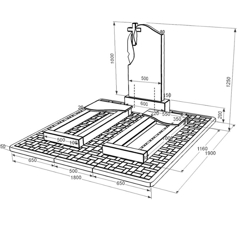 Розміри Пам'ятник із граніту для подружжя подвійний із чорного граніту Коростишів з хвилею різьблений к15-kor-npf-100-50-08-142-pbd2