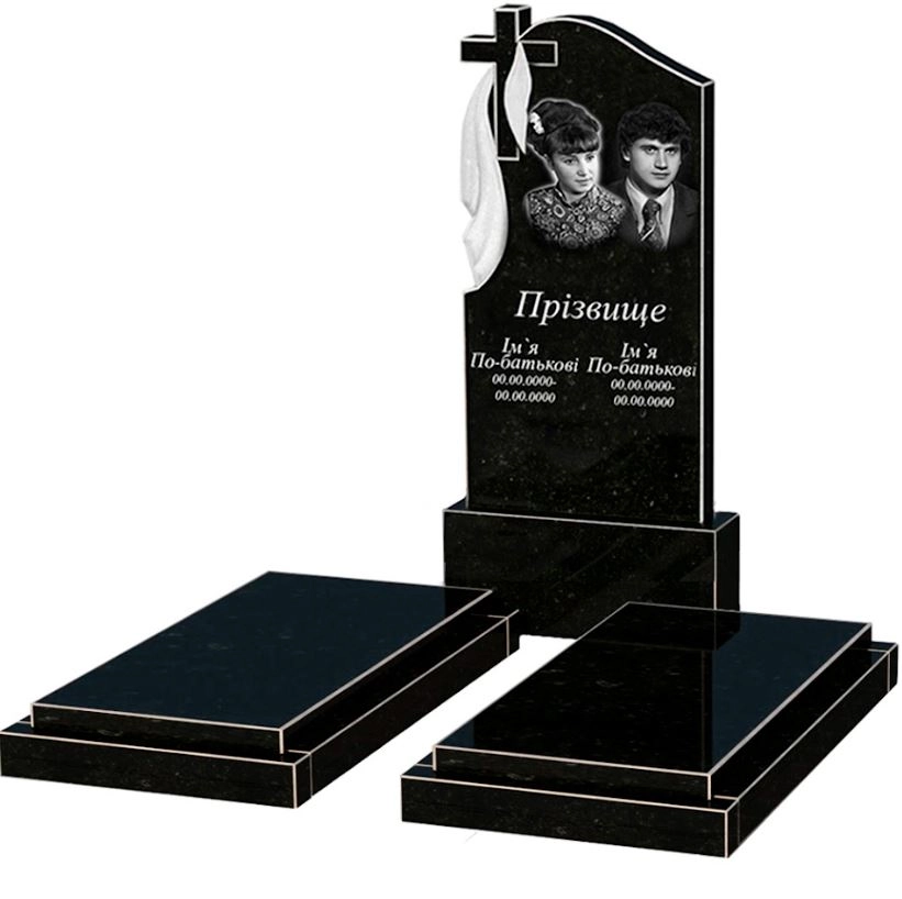 Основне Пам'ятник із граніту з плащаницею та хрестом різьблений подвійний із чорного граніту Коростишів к21-kor-npf-120-60-08-142