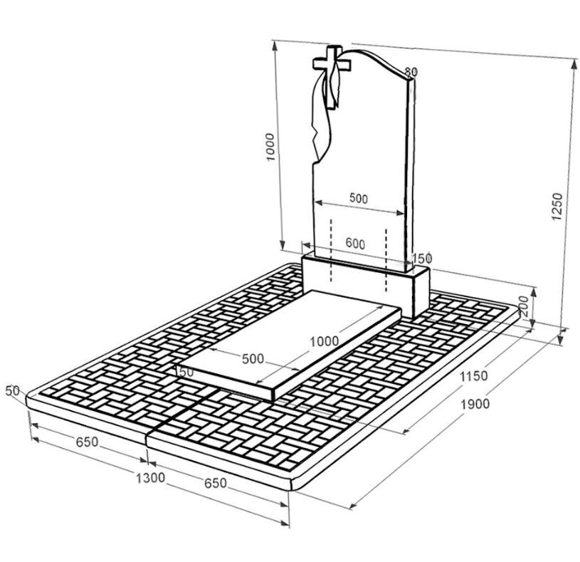 Размеры Надгробный памятник из гранита с надгробной плитой одинарный из черного гранита Коростышев с крестом резной к7-kor-pf-100-50-08-142-pbd2