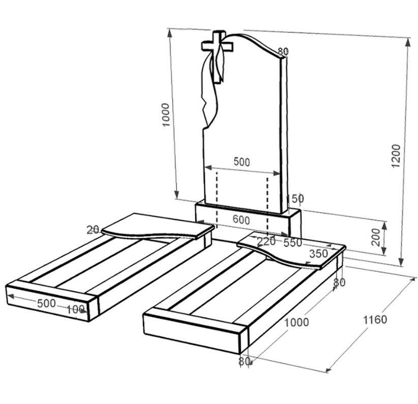 Розміри Гранітний пам'ятник виробництво Україна подвійний із чорного граніту Коростишів з хвилею різьблений к15-kor-npf-100-50-08-142