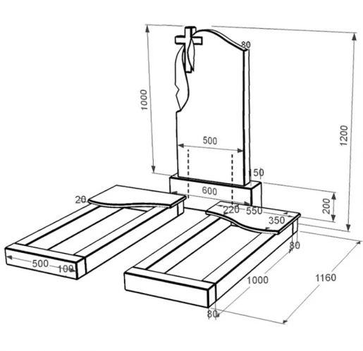 Размеры Гранитный памятник производство Украина двойной из черного гранита Коростышев с волной резной к15-kor-npf-100-50-08-142