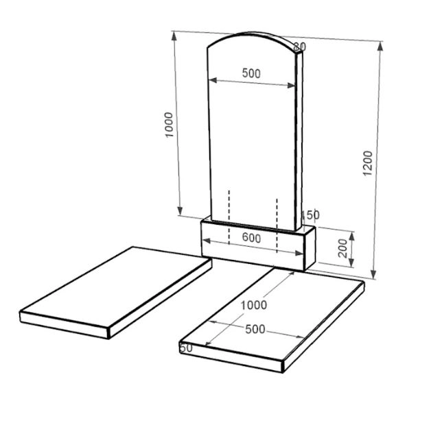 Размеры Гранитный памятник черного цвета двойной из черного гранита Коростышев с дугой резной к17-kor-npf-100-50-08-009