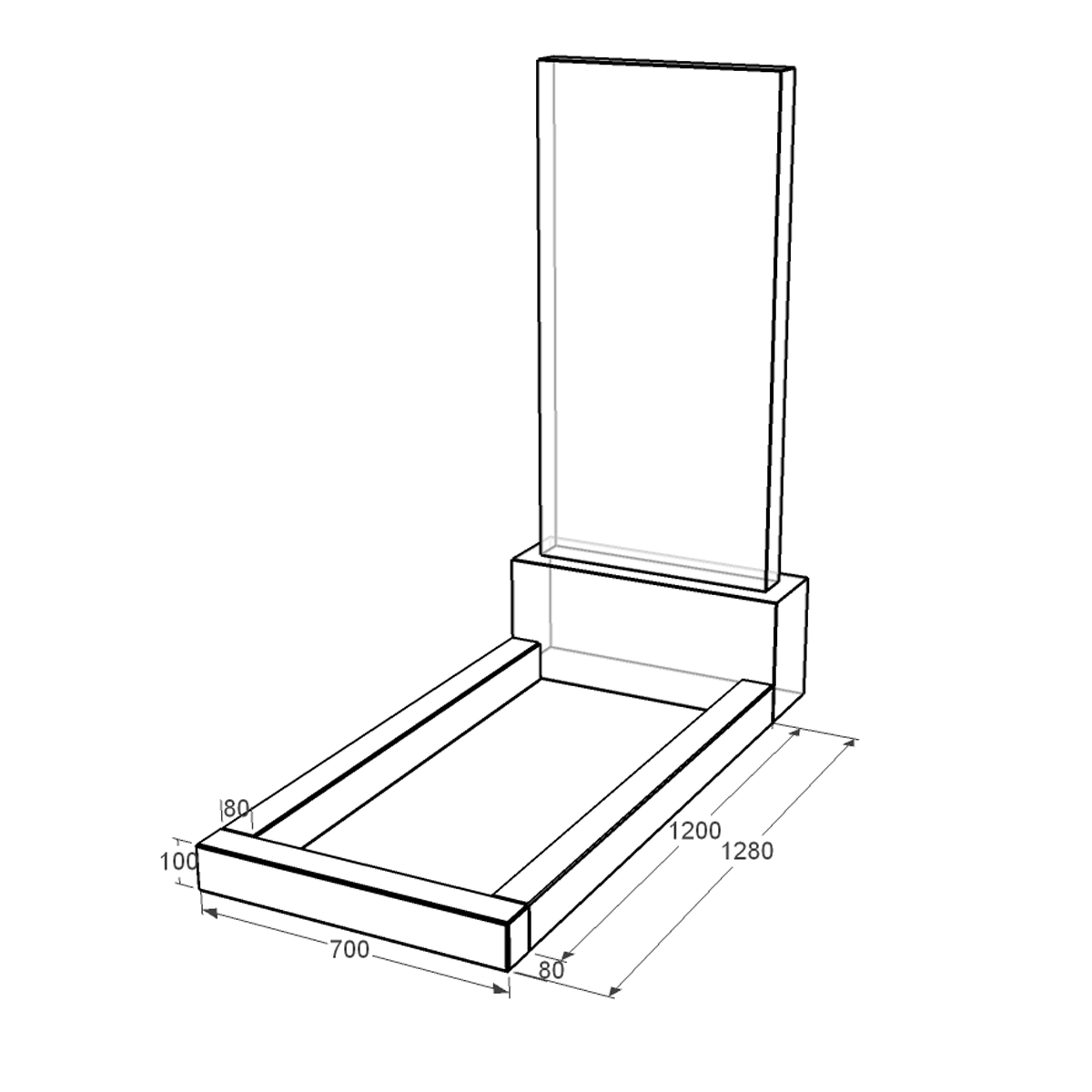 Розміри Квітник на могилу великого розміру 1280x700x100 з граніту серія Базіс із неполірованими фасками Коростишівського кар'єру cv-kor-npf-1280-700-Bazys