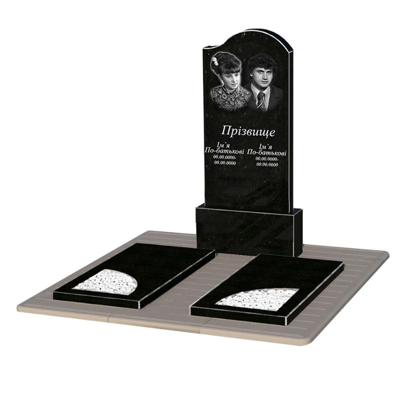 Основное Гранитный памятник с надгробной плитой двойной из черного гранита Коростышев с вырезанным уголком к18-kor-npf-120-60-08-011-r-pbd3
