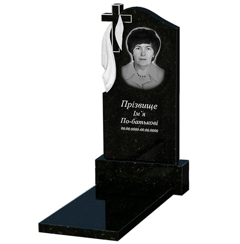 Основне Гранітний пам'ятник з хрестом різьблений одинарний із чорного граніту Коростишів з плащаницею різьблений к7-kor-pf-100-50-08-142