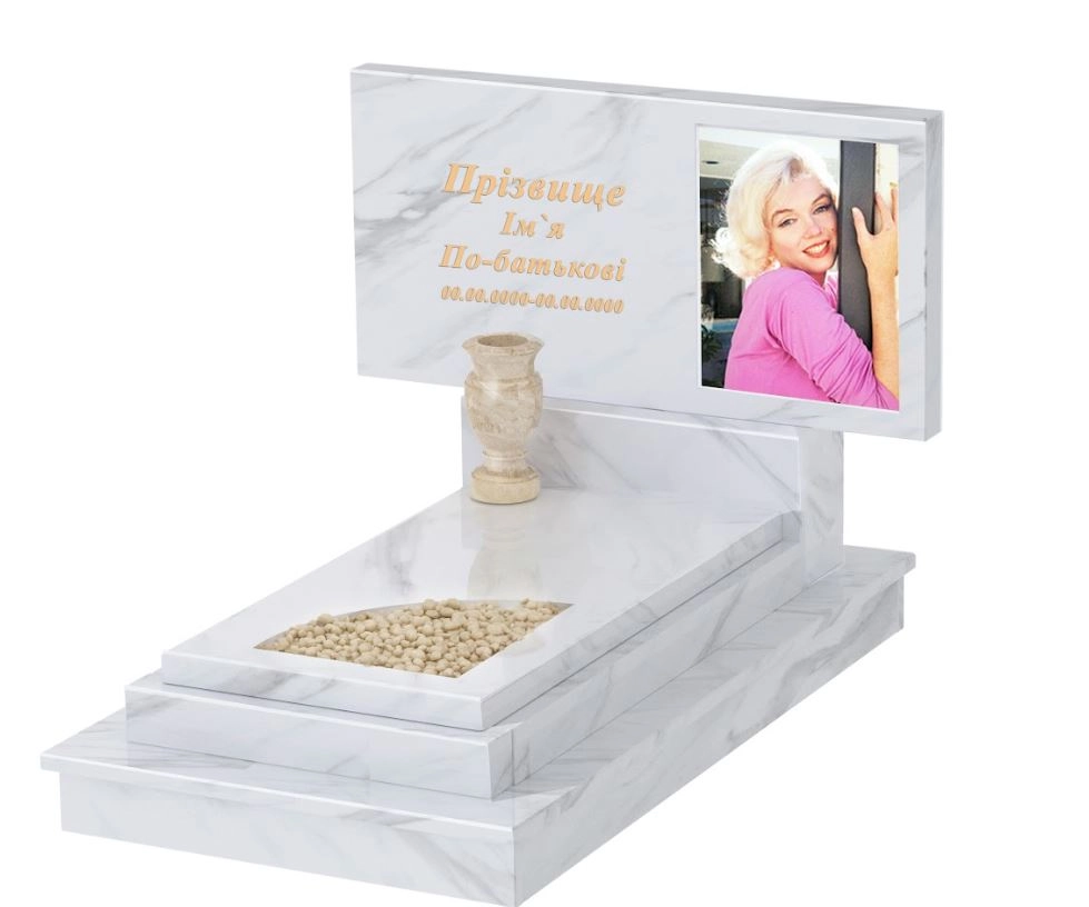 Основное Памятник из мрамора с полированными фасками одинарный из белого мрамора Волокас с вырезанным уголком к24-vol-pf-60-120-08-001-ck