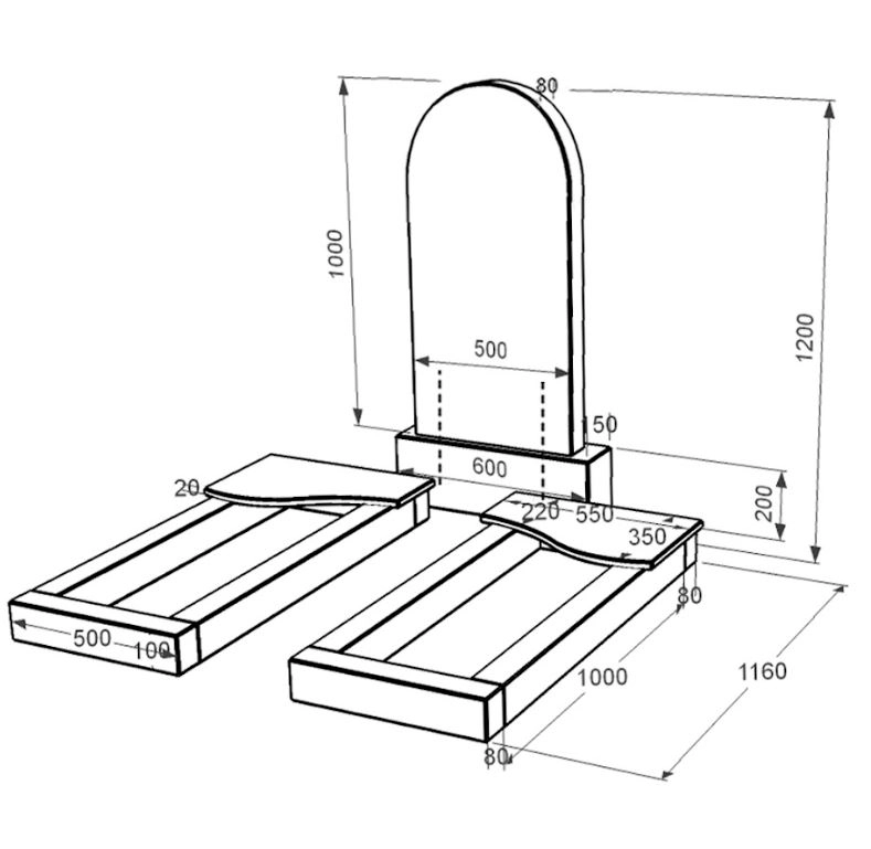Розміри Гранітний пам'ятник напівкруглої форми подвійний із чорного граніту Коростишів з хвилею різьблений к15-kor-npf-100-50-08-006