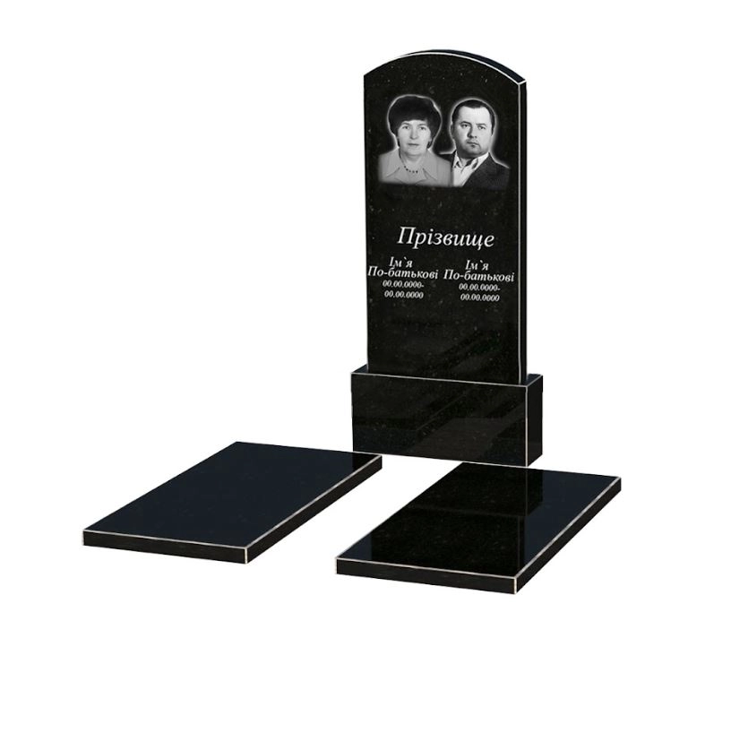 Основне Гранітний пам'ятник великий подвійний із чорного граніту Коростишів з дугою різьблений к17-kor-npf-120-60-08-009