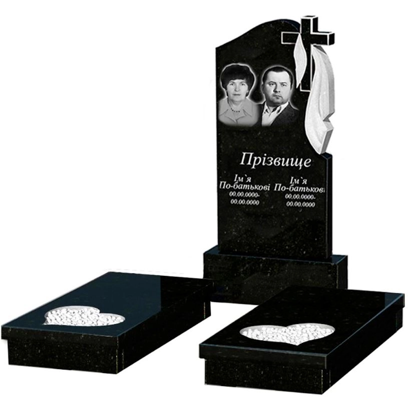 Основне Гранітний пам'ятник з серцем різьблена робота подвійний із чорного граніту Коростишів к20-kor-pf-100-50-08-142-r